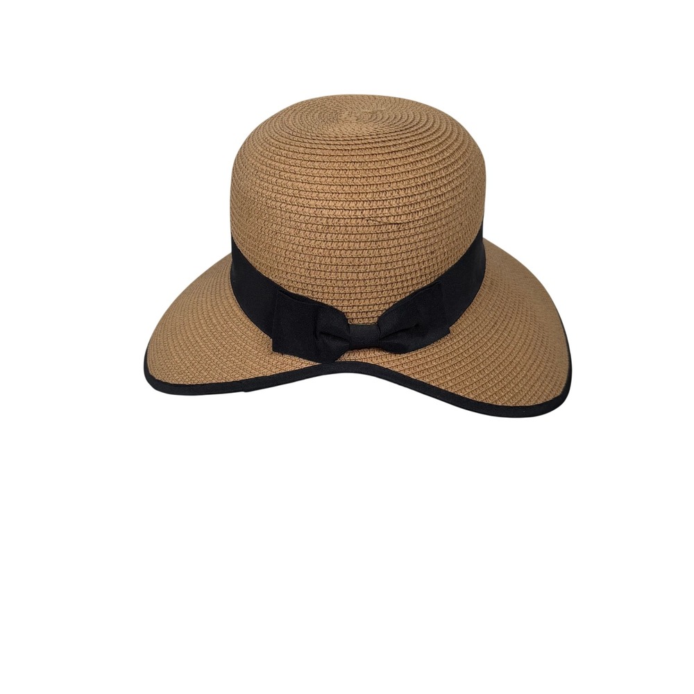 Magid Hats Sun‎ Hat Womens OS Tan Black Ribbon Bow Woven Paper Straw Wide Brim